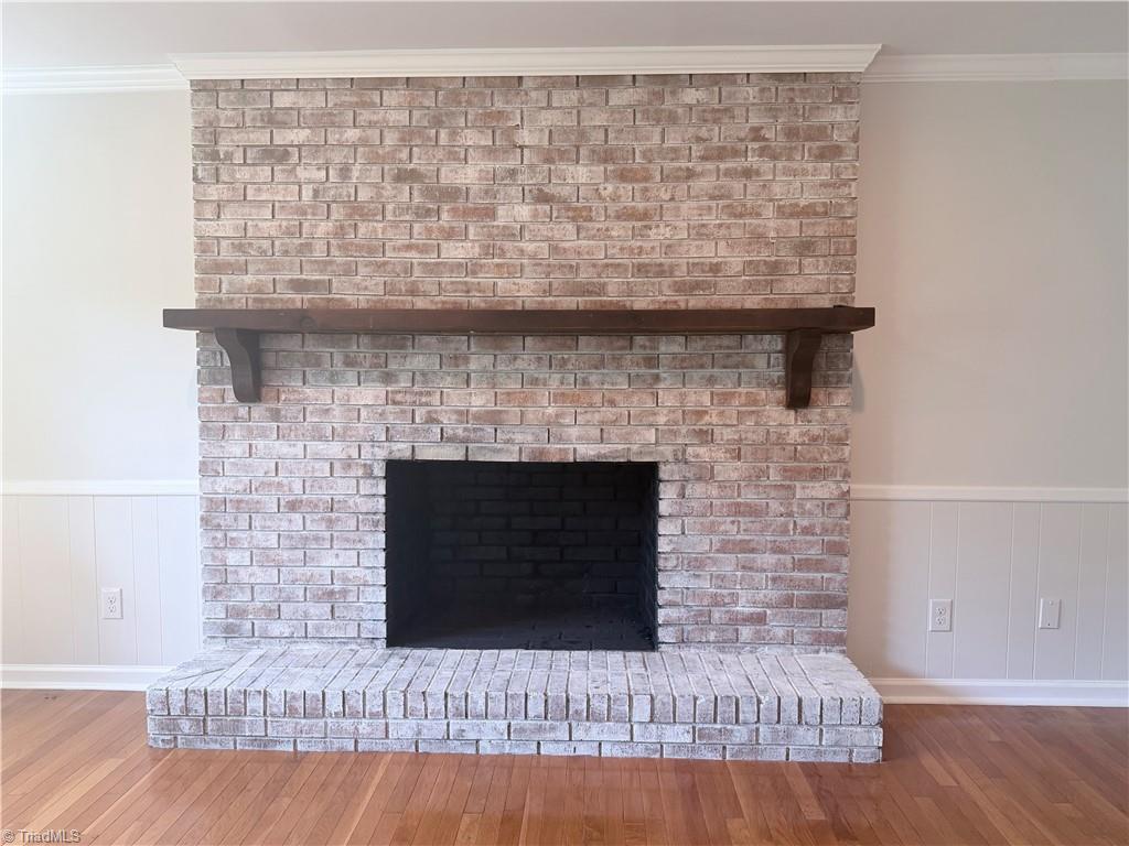 Brick fireplace detail in living room